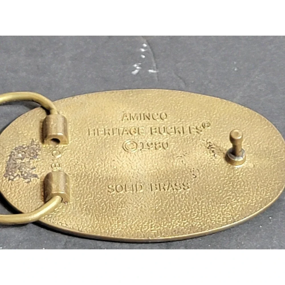 Vtg 1980 Belt Buckle‎ Oil Field Solid Brass Aminco Heritage Buckles Enamel Inlay